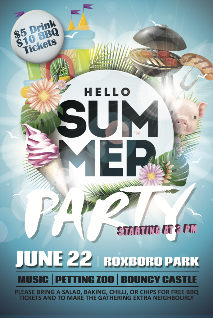 Mark your Calendars! Summer Party 2024 is June 22 2024 at 3pm in Roxboro Park